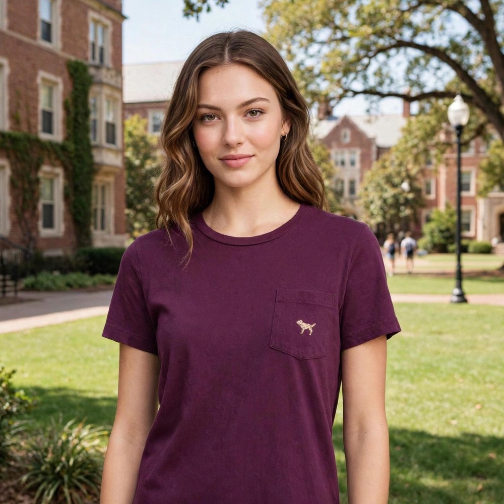 PINK Victoria's Secret Burgundy Pocket T-Shirt Gold Leopard Logo Womens Small